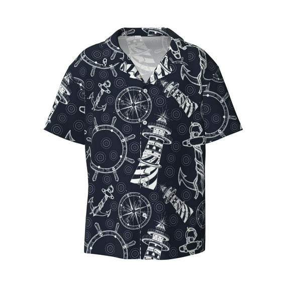 Haiem Anchor and Lighthouse Men's Casual Shirts Short Sleeve Button Down Shirts Fashion Textured Summer Beach Shirt-XX-Large