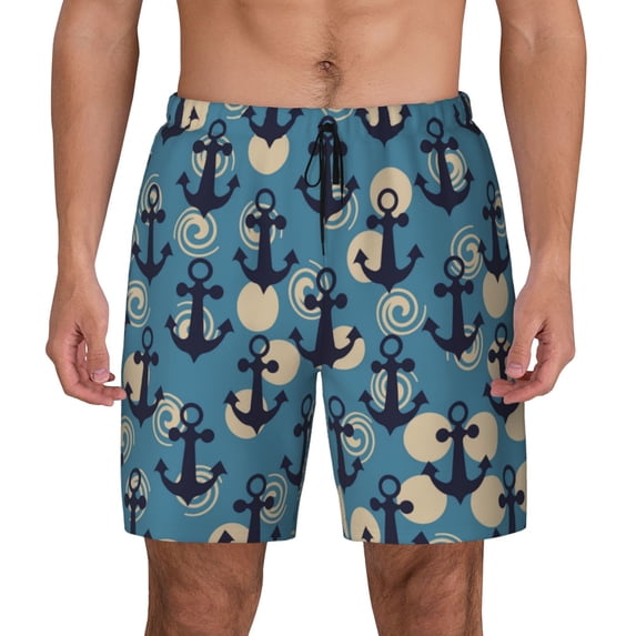 Haiem Anchors Mens Swim Trunks with Compression Liner 2 in 1 Swimming Shorts Stretch Swimwear Quick Dry,Board Shorts-Large