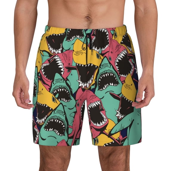 Haiem Angry Shark Pattern Mens Swim Trunks with Compression Liner 2 in 1 Swimming Shorts Stretch Swimwear Quick Dry,Board Shorts-X-Large