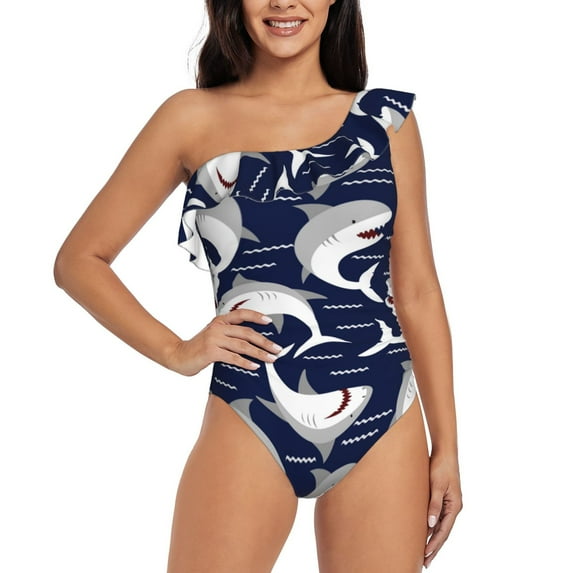 Haiem Angry Shark Women's One Piece Swimsuits Tummy Control One Shoulder Bathing Suits Ruffle Swimwear-Small