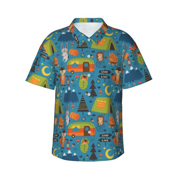 Haiem Animals In Camping Printed Hawaiian Shirt for Men - Men’s Casual Beach Summer Shirts - Stretch Fabric with Modern Fit-3X-Large
