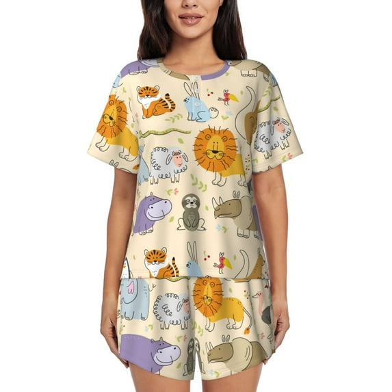 Haiem Animals Pattern Pajama Set for Women 2 Piece Lounge Set Short Sleeve Tops and Shorts Soft Sleepwear-X-Large