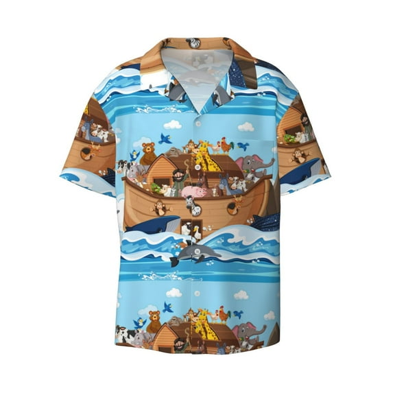 Haiem Animals on Noah's Ark Floating Men's Casual Shirts Short Sleeve Button Down Shirts Fashion Textured Summer Beach Shirt-4X-Large