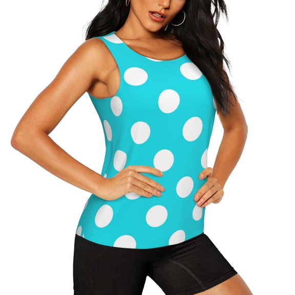 Haiem Aqua And White Polka Dot Workout Tank Tops for Women, Athletic Sports Slim-Fit Tank Tops, Compression Sleeveless Dry Fit Shirts,Athletic Shirt-Small