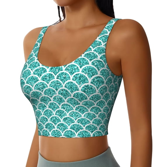Haiem Aquamarine Glitter1 Pattern Womens Sports Bra - U Neck Padded Low Impact Yoga Bra Workout Crop Top Gym Moisture-Wicking Workout Vest -XX-Large