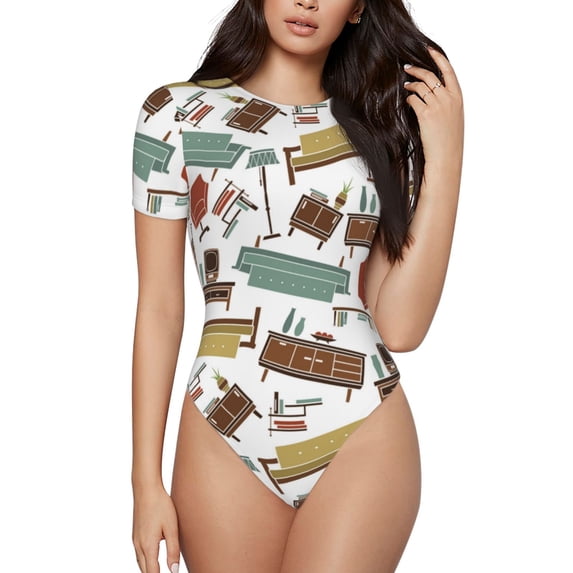 Haiem Art Of Living Women's Crew Neck Short Sleeve Bodysuit Tops Stretchy Slim Basic-Small