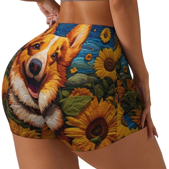 Haiem Artistic Sunflower Corgi No Front Seam Biker Shorts for Women Yoga Workout Gym Bike Shorts with Tummy Control Moisture-Wicking-XX-Large