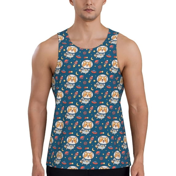 Haiem Astronaut Corgi Dog Men Workout Tank Top Gym Bodybuilding Sleeveless Muscle T Shirts Athletic Tank Breathable Workout Shirt-X-Large