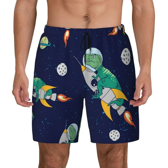 Haiem Astronaut Dinosaur and Space Mens Swim Trunks with Compression Liner 2 in 1 Swimming Shorts Stretch Swimwear Quick Dry,Board Shorts-Medium