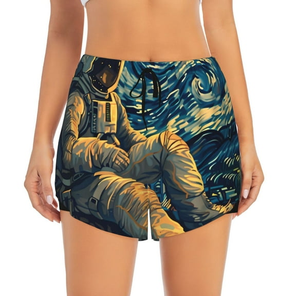 Haiem Astronaut Starry Night Women's 2 in 1 Running Shorts - Lightweight Athletic Workout Gym Yoga Breathable Sports Shorts Liner with Phone Pockets-Small