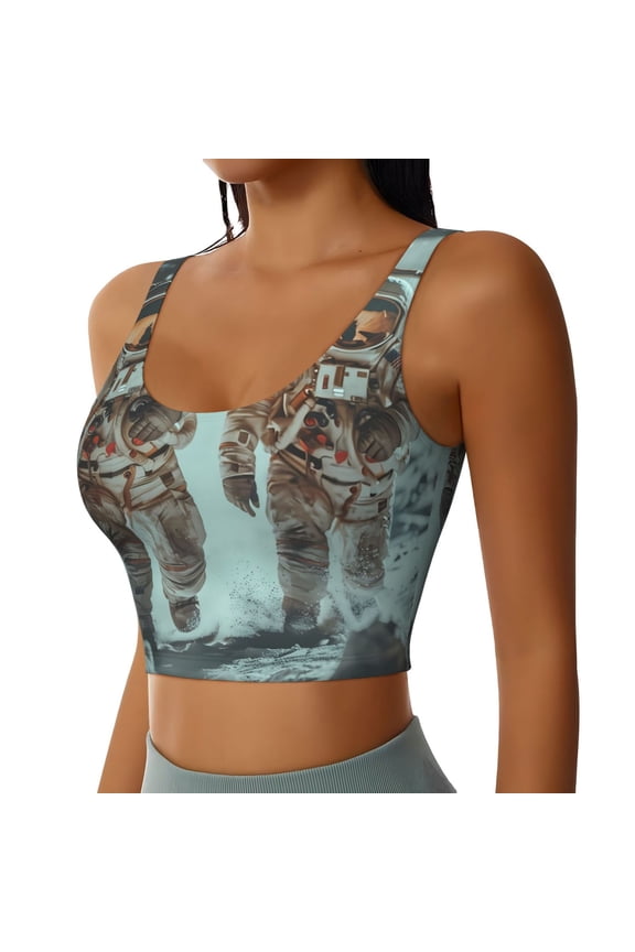 Astronauts On Lunar Mission Pattern Womens Sports Bra - U Neck Padded Low Impact Yoga Bra Workout Crop Top Gym Moisture-Wicking Workout Vest -