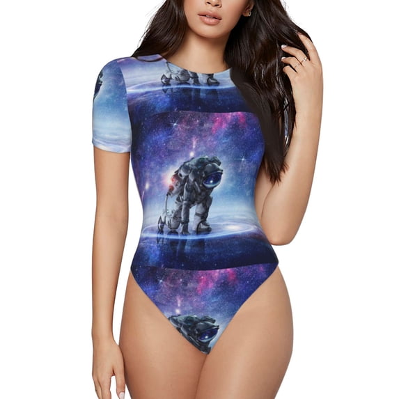 Haiem Astronauts Start Running Women's Crew Neck Short Sleeve Bodysuit Tops Stretchy Slim Basic-XX-Large