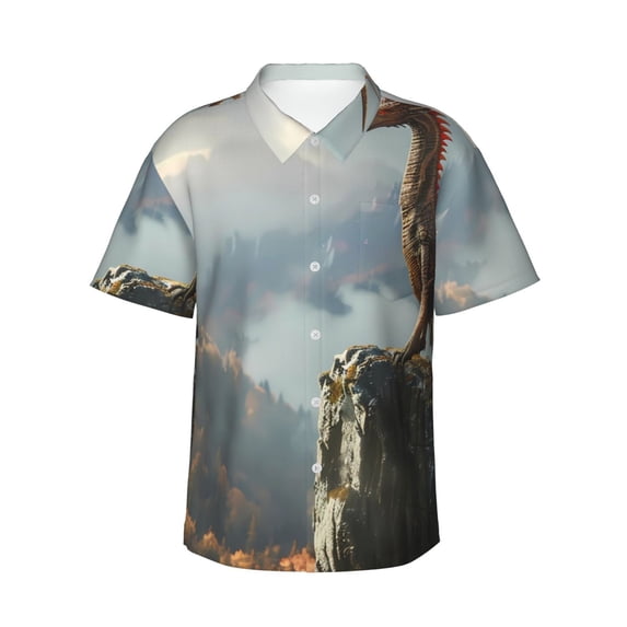 Haiem Autumn Dragon Mountain View Printed Hawaiian Shirt for Men - Men’s Casual Beach Summer Shirts - Stretch Fabric with Modern Fit-Large