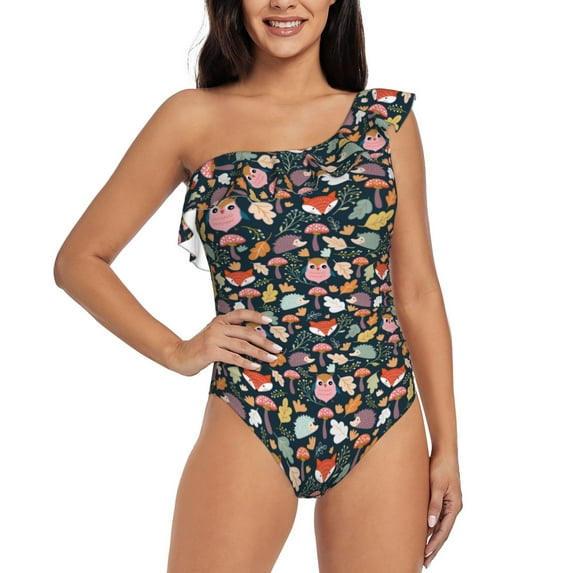 Haiem Autumn Fox Owl Women's One Piece Swimsuits Tummy Control One Shoulder Bathing Suits Ruffle Swimwear-Large