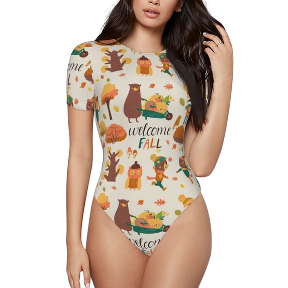 Haiem Autumn In The Forest Women's Crew Neck Short Sleeve Bodysuit Tops Stretchy Slim Basic-XX-Large