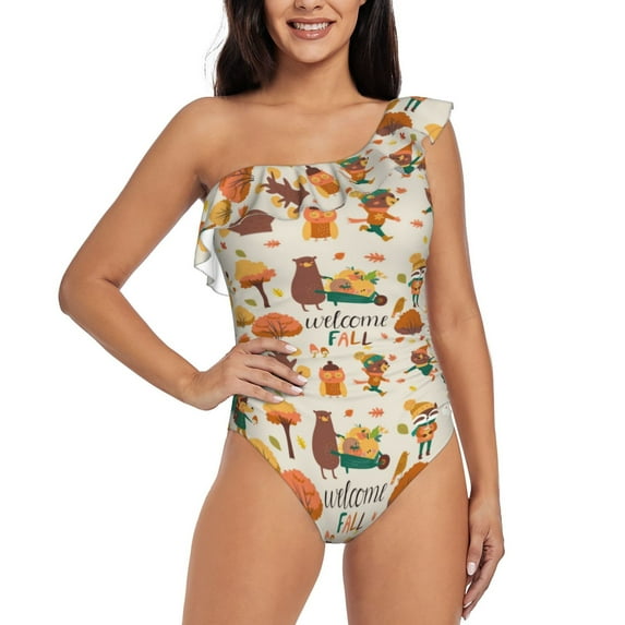 Haiem Autumn In The Forest Women's One Piece Swimsuits Tummy Control One Shoulder Bathing Suits Ruffle Swimwear-XX-Large