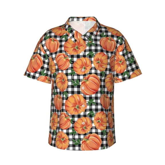 Haiem Autumn Pumpkins Gingham Printed Hawaiian Shirt for Men - Men’s Casual Beach Summer Shirts - Stretch Fabric with Modern Fit-3X-Large