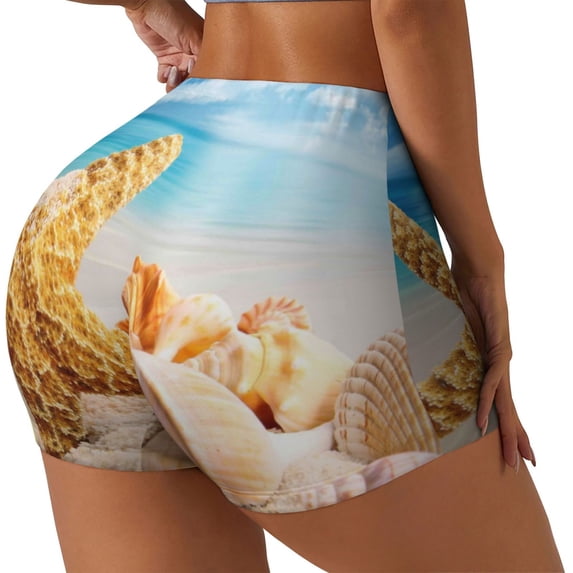 Haiem Beach Starfish Shell No Front Seam Biker Shorts for Women Yoga Workout Gym Bike Shorts with Tummy Control Moisture-Wicking-Large