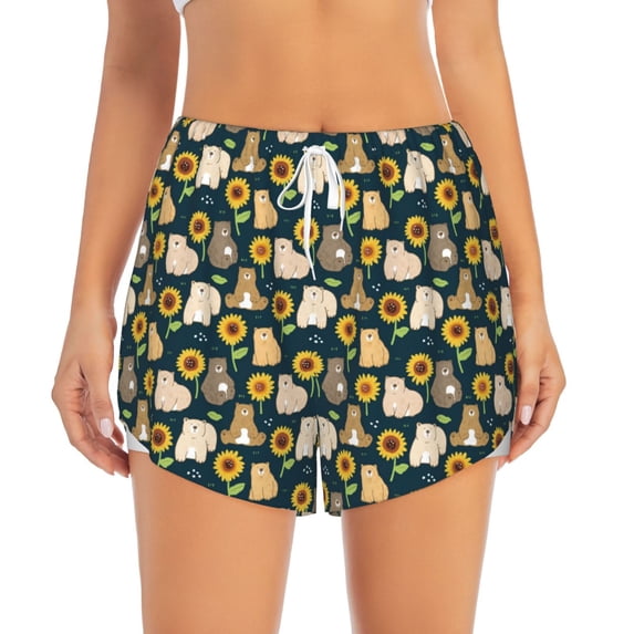 Haiem Bear Sunflower Women's 2 in 1 Running Shorts - Lightweight Athletic Workout Gym Yoga Breathable Sports Shorts Liner with Phone Pockets-XX-Large