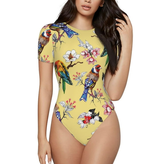 Haiem Beautiful Bright Birds And Flowers Women's Crew Neck Short Sleeve Bodysuit Tops Stretchy Slim Basic-XX-Large