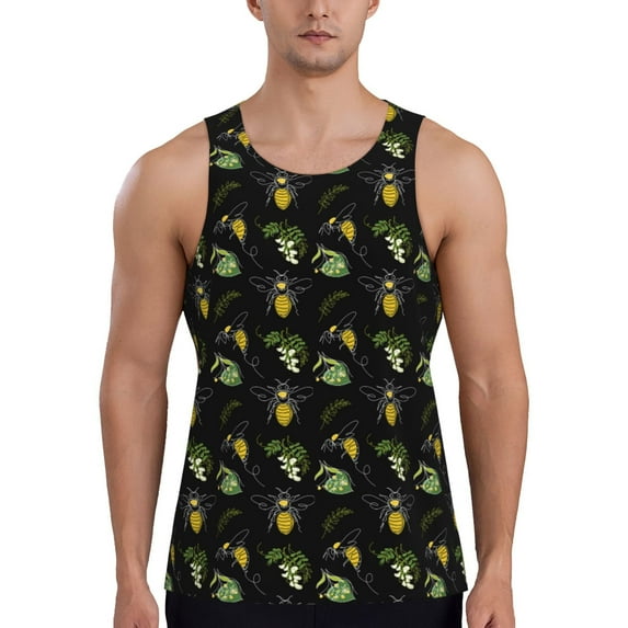 Haiem Bee Floral Men Workout Tank Top Gym Bodybuilding Sleeveless Muscle T Shirts Athletic Tank Breathable Workout Shirt-Small
