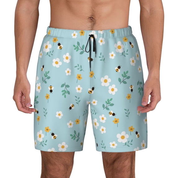 Haiem Bee Flower Mens Swim Trunks with Compression Liner 2 in 1 Swimming Shorts Stretch Swimwear Quick Dry,Board Shorts-X-Large