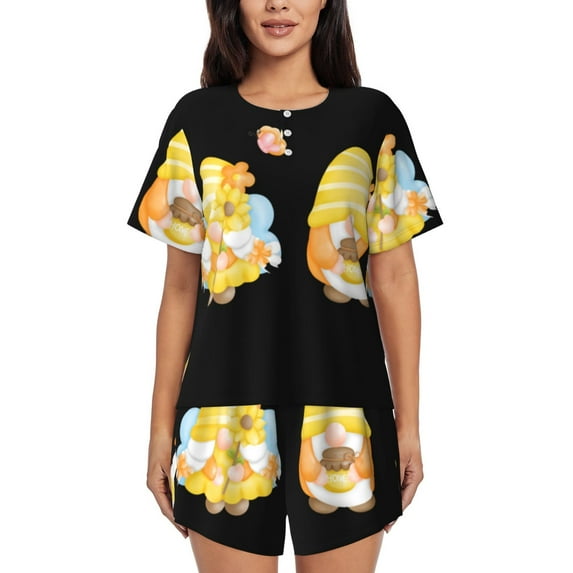 Haiem Bee Happy Sunflower Gnomes Pattern Pajama Set for Women 2 Piece Lounge Set Short Sleeve Tops and Shorts Soft Sleepwear-XX-Large