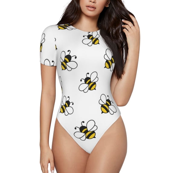 Haiem Bee Women's Crew Neck Short Sleeve Bodysuit Tops Stretchy Slim Basic-Large