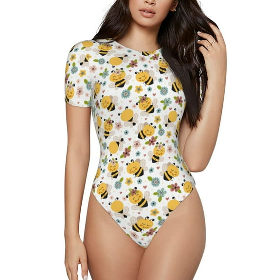 Haiem Bee and Flowers Women's Crew Neck Short Sleeve Bodysuit Tops Stretchy Slim Basic-XX-Large