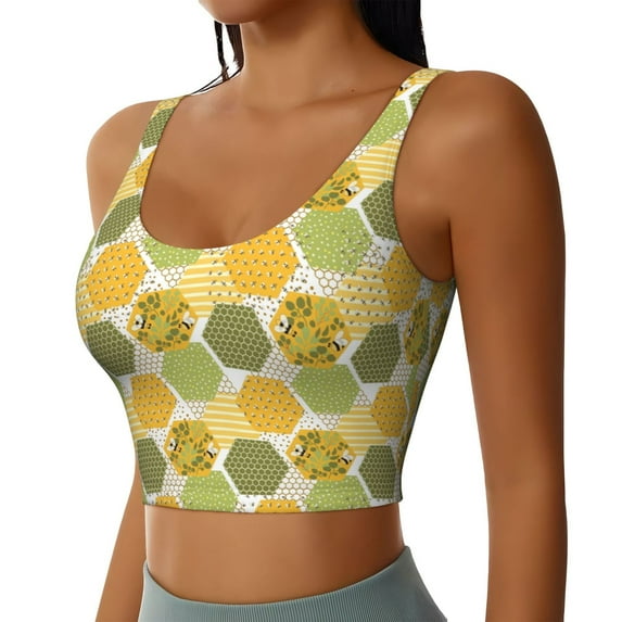 Haiem Bee honey Pattern Womens Sports Bra - U Neck Padded Low Impact Yoga Bra Workout Crop Top Gym Moisture-Wicking Workout Vest -Medium