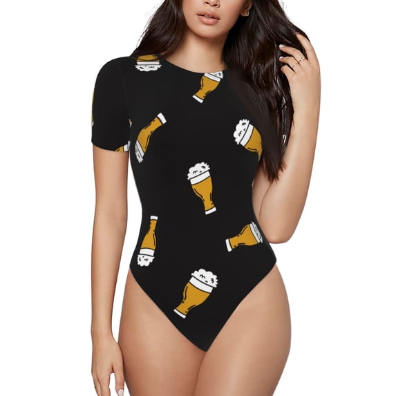 Haiem Beer Women's Crew Neck Short Sleeve Bodysuit Tops Stretchy Slim Basic-Large
