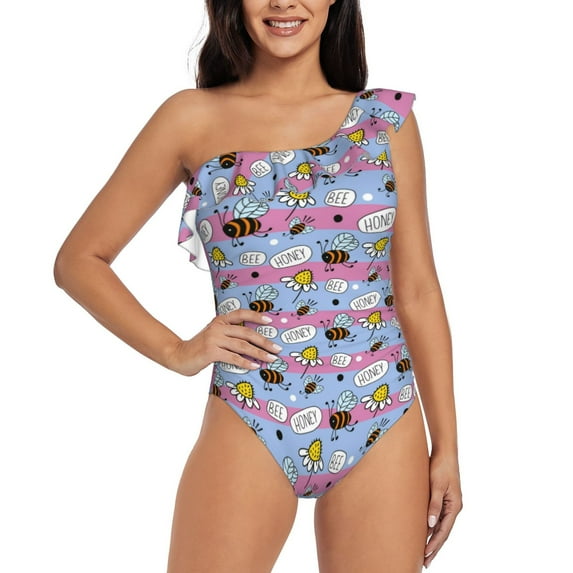 Haiem Bees And Daisies Striped Women's One Piece Swimsuits Tummy Control One Shoulder Bathing Suits Ruffle Swimwear-Large