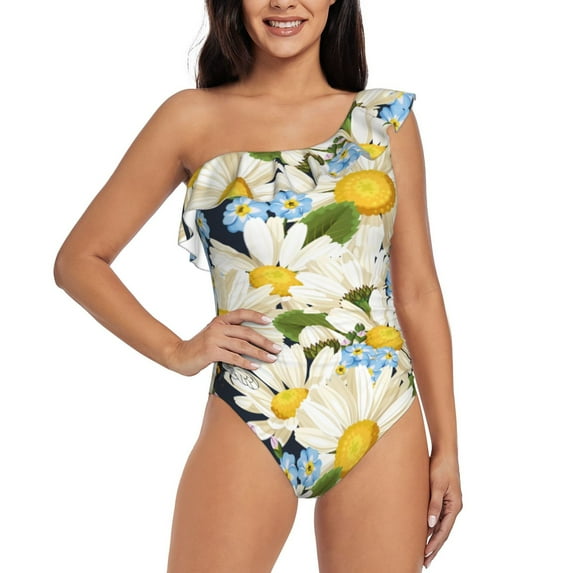 Haiem Bees Collecting Nectar Women's One Piece Swimsuits Tummy Control One Shoulder Bathing Suits Ruffle Swimwear-Medium