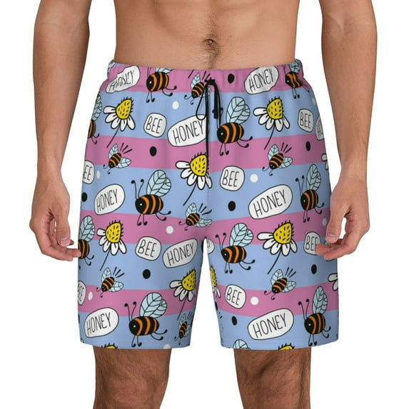 Haiem Bees And Daisies Striped Men'S Quick-Dry Swim Trunks: Comfortable Beach Shorts With Mesh Lining And Pockets - Ideal For Swimming And Sunbathing X-Large