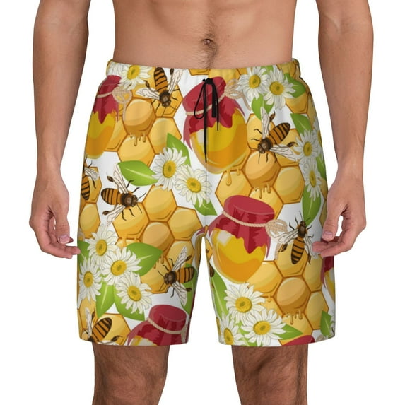 Haiem Bees Honeycomb Mens Swim Trunks with Compression Liner 2 in 1 Swimming Shorts Stretch Swimwear Quick Dry,Board Shorts-3X-Large