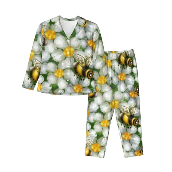 Haiem Bees and Flower Pattern Women’s Long-sleeve Sleepwear,Sleepwear Set,2-piece Loungewear Set,Soft PJs Comfy Nightwear with Pockets-X-Large