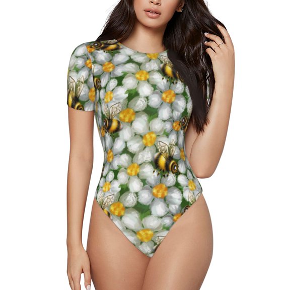 Haiem Bees and Flower Women's Crew Neck Short Sleeve Bodysuit Tops Stretchy Slim Basic-XX-Large