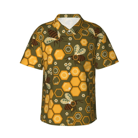 Haiem Bees and Honeycombs Printed Hawaiian Shirt for Men - Men’s Casual Beach Summer Shirts - Stretch Fabric with Modern Fit-Medium