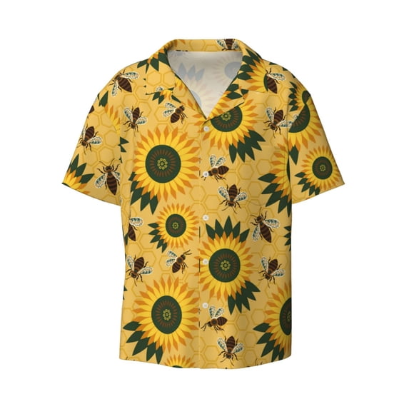 Haiem Bees and Sunflowers Men's Casual Shirts Short Sleeve Button Down Shirts Fashion Textured Summer Beach Shirt-Medium