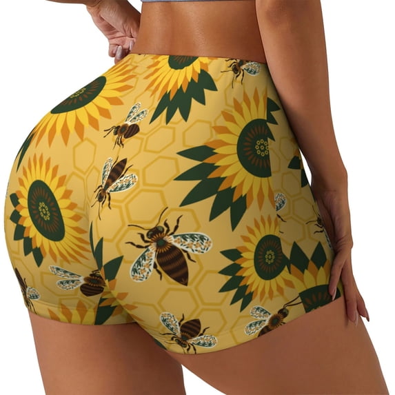 Haiem Bees and Sunflowers No Front Seam Biker Shorts for Women Yoga Workout Gym Bike Shorts with Tummy Control Moisture-Wicking-Small