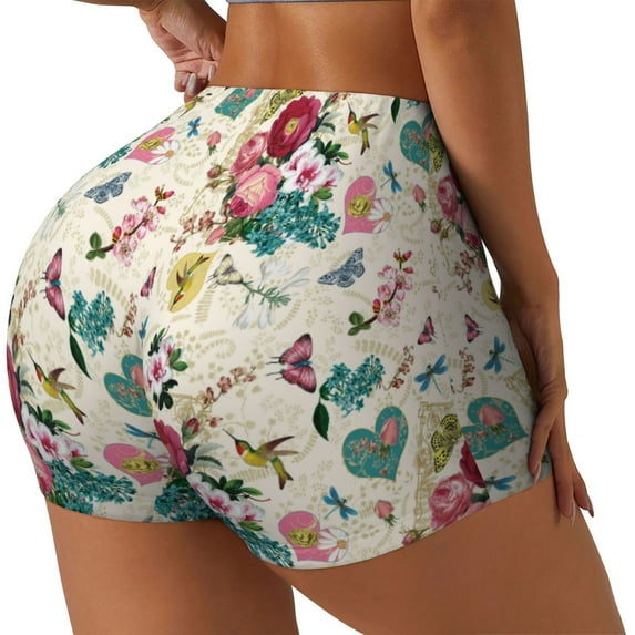 Haiem Bird Butterfly Rose No Front Seam Biker Shorts for Women Yoga Workout Gym Bike Shorts with Tummy Control Moisture-Wicking-XX-Large