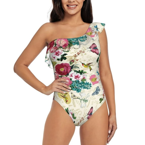 Haiem Bird Butterfly Rose Women's One Piece Swimsuits Tummy Control One Shoulder Bathing Suits Ruffle Swimwear-XX-Large