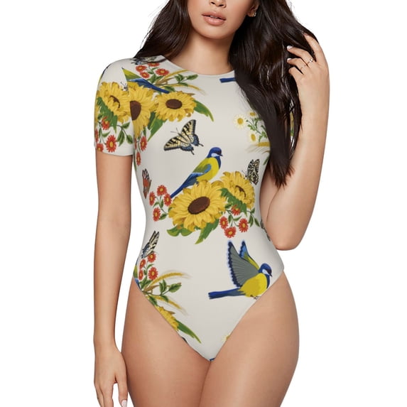 Haiem Bird Sunflowers Women's Crew Neck Short Sleeve Bodysuit Tops Stretchy Slim Basic-X-Large