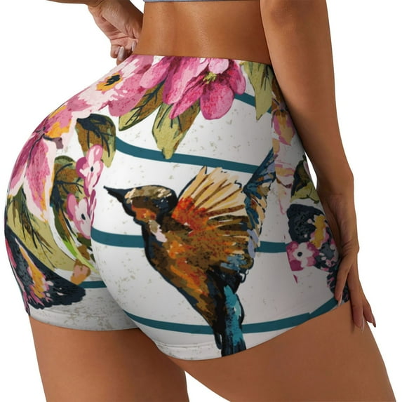 Haiem Bird and Floral No Front Seam Biker Shorts for Women Yoga Workout Gym Bike Shorts with Tummy Control Moisture-Wicking-XX-Large