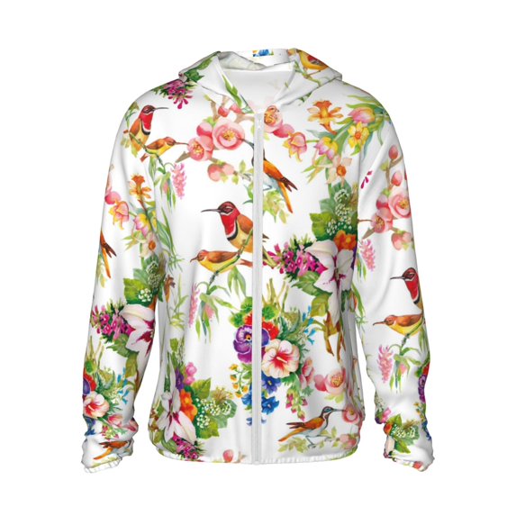 Haiem Birds And Flowers UPF 50+ Fishing Shirts for Men Long Sleeve UV Sun Protection Hoodie Non-Mask Outdoor Hiking Shirts