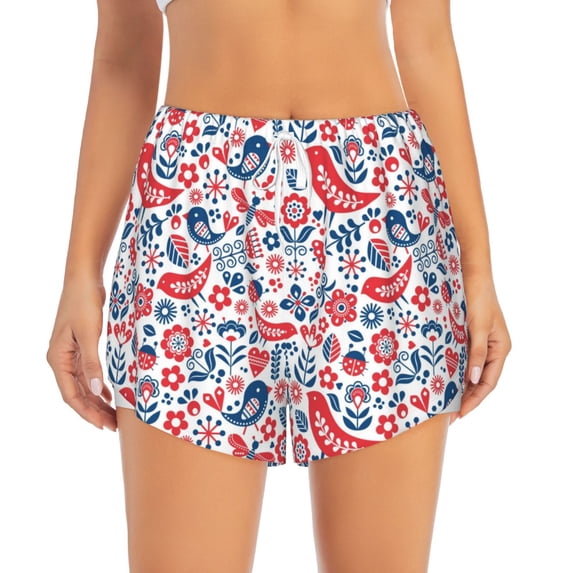 Haiem Birds Flowers Women's 2 in 1 Running Shorts - Lightweight Athletic Workout Gym Yoga Breathable Sports Shorts Liner with Phone Pockets-Small