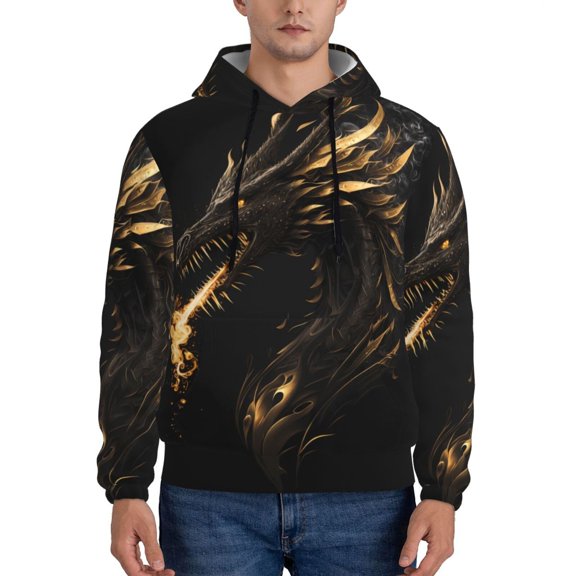 Haiem Black And Gold Fire Dragon Patterned Men's Hoodie with Kangaroo Pocket - Ideal Pullover Sweatshirt for Daily Wear, Travel, and Home-4X-Large