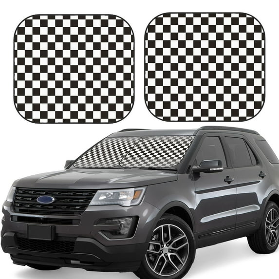 Haiem Black And White Checkerboard Windshield Sun Shade: Universal Foldable 2-Piece Car Front Window Sunshade - Blocks Uv Rays, And Reduces Heat,Essential Car Accessory Small