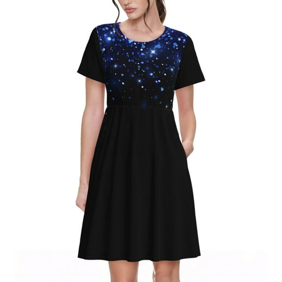 Haiem Black Blue Glitter Sparkles Pattern Women's Short-Sleeve Scoop Neck Swing Dress