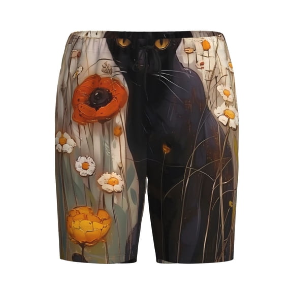Haiem Black Cat in Wildflowers Men's Pajama Short with Soft Woven Cotton Elastic Waistband Sleep Short-XX-Large